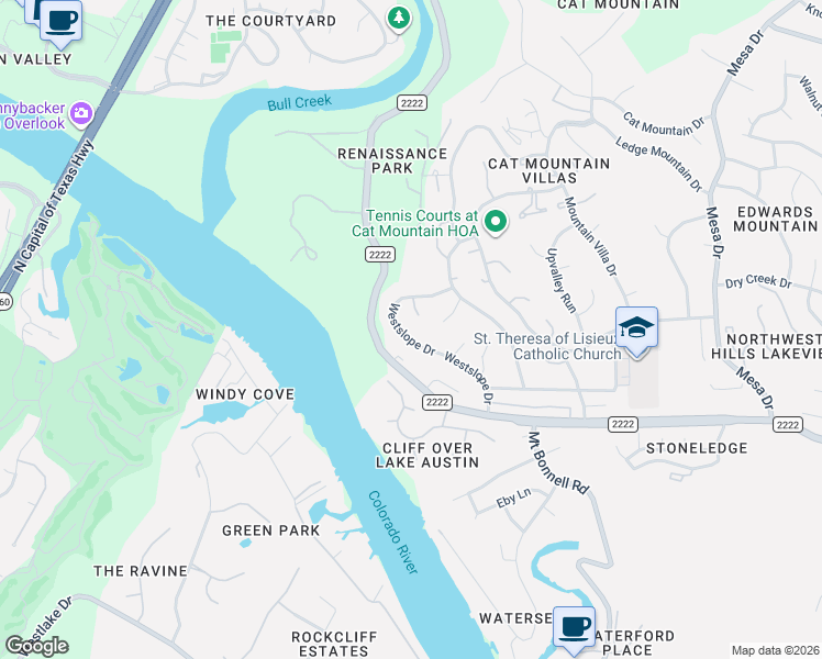 map of restaurants, bars, coffee shops, grocery stores, and more near 5819 Westslope Drive in Austin