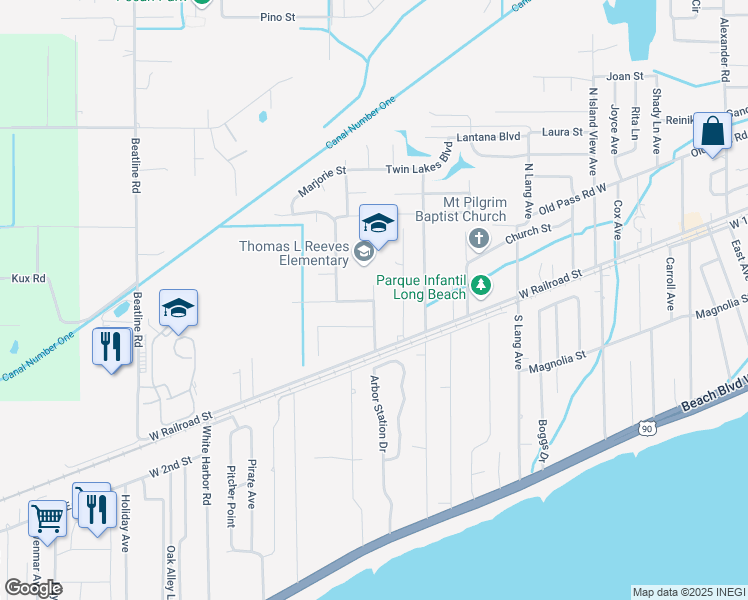 map of restaurants, bars, coffee shops, grocery stores, and more near 214 Saint Augustine Drive in Long Beach