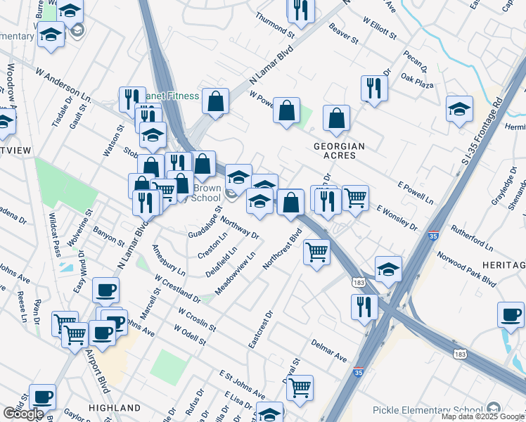 map of restaurants, bars, coffee shops, grocery stores, and more near 505 West Anderson Lane in Austin