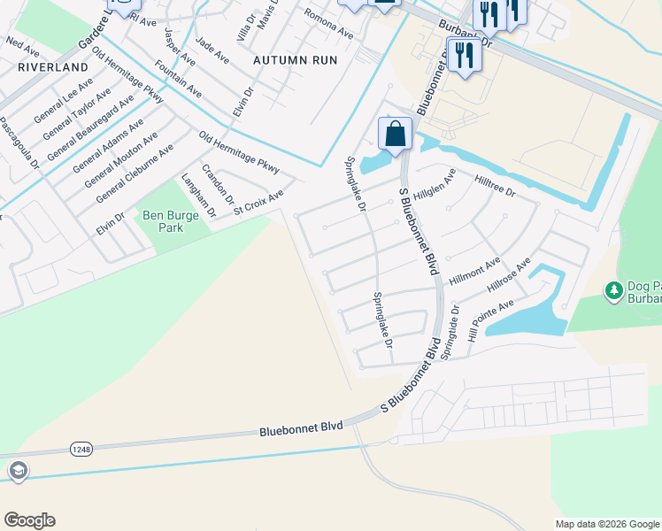 map of restaurants, bars, coffee shops, grocery stores, and more near 10222 Springdale Avenue in Baton Rouge