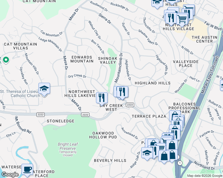 map of restaurants, bars, coffee shops, grocery stores, and more near 5902 Mountainclimb Drive in Austin