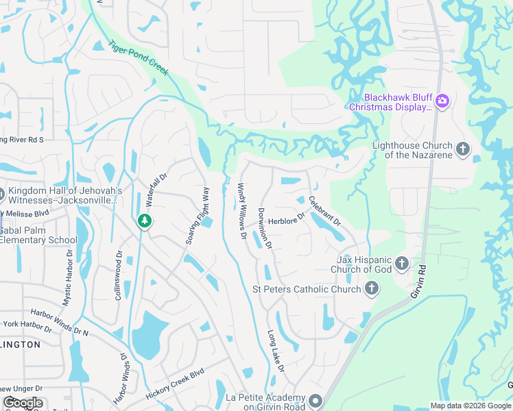 map of restaurants, bars, coffee shops, grocery stores, and more near 1257 Windy Willows Drive in Jacksonville