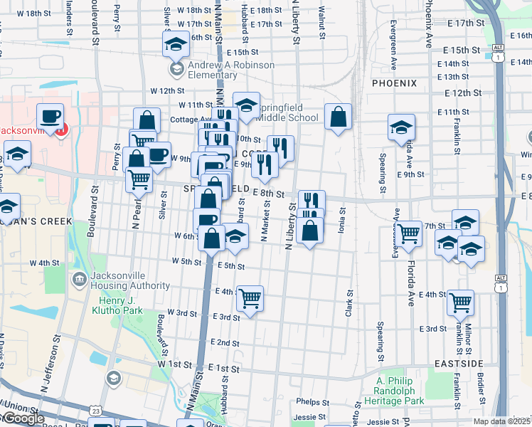 map of restaurants, bars, coffee shops, grocery stores, and more near 150 East 8th Street in Jacksonville