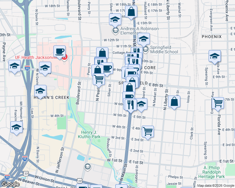 map of restaurants, bars, coffee shops, grocery stores, and more near 1721 North Laura Street in Jacksonville