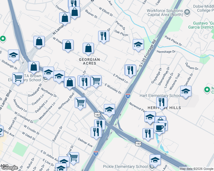 map of restaurants, bars, coffee shops, grocery stores, and more near 312 East Wonsley Drive in Austin