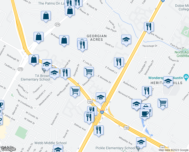 map of restaurants, bars, coffee shops, grocery stores, and more near 312 East Wonsley Drive in Austin