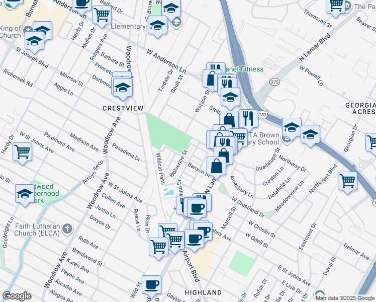 map of restaurants, bars, coffee shops, grocery stores, and more near 7701 Wolverine Street in Austin