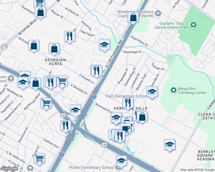 map of restaurants, bars, coffee shops, grocery stores, and more near 8221 N Interstate 35 in Austin