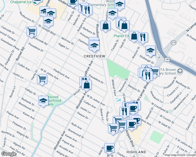 map of restaurants, bars, coffee shops, grocery stores, and more near 1214 Pasadena Drive in Austin