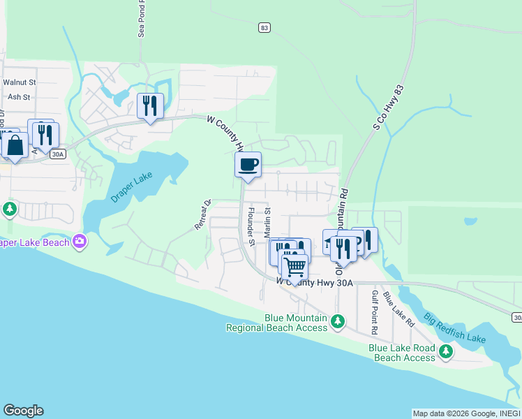 map of restaurants, bars, coffee shops, grocery stores, and more near 104 Village Boulevard in Santa Rosa Beach
