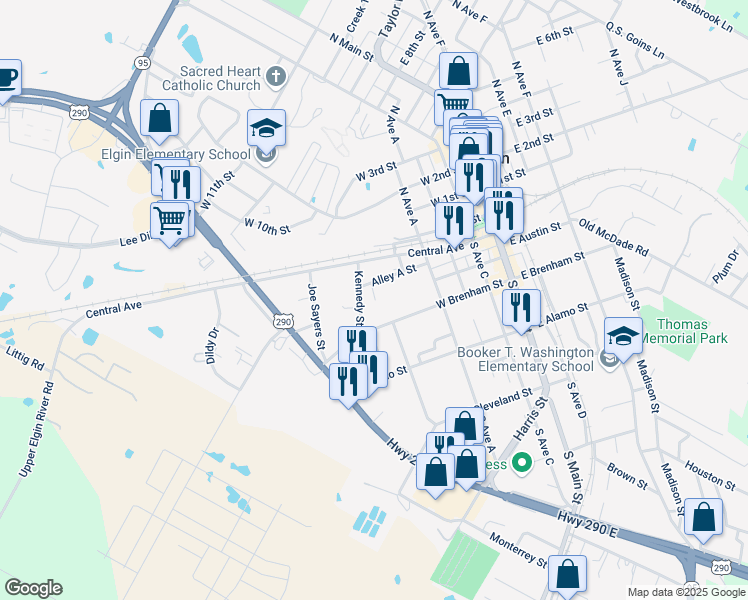 map of restaurants, bars, coffee shops, grocery stores, and more near 604 Alley A Street in Elgin