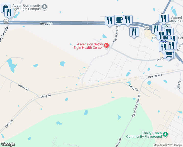 map of restaurants, bars, coffee shops, grocery stores, and more near 104 West Point Way in Elgin