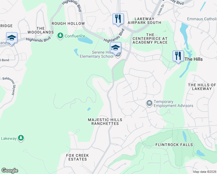 map of restaurants, bars, coffee shops, grocery stores, and more near 3413 Serene Hills Court in Austin