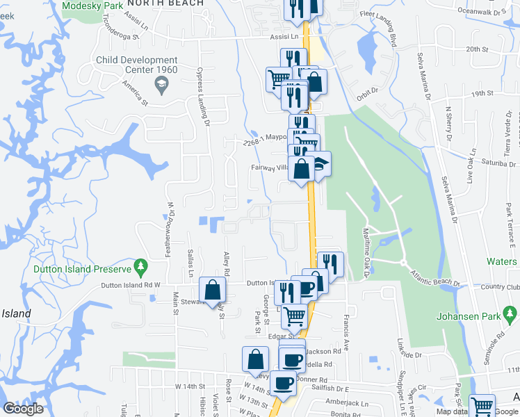 map of restaurants, bars, coffee shops, grocery stores, and more near 2341 Fairway Villas Drive in Jacksonville