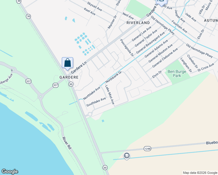 map of restaurants, bars, coffee shops, grocery stores, and more near 3051 Northbank Drive in Baton Rouge