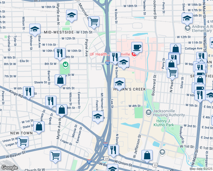map of restaurants, bars, coffee shops, grocery stores, and more near 1564 West 7th Street in Jacksonville