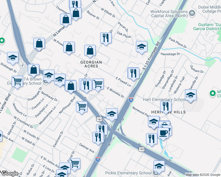 map of restaurants, bars, coffee shops, grocery stores, and more near 312 East Wonsley Drive in Austin