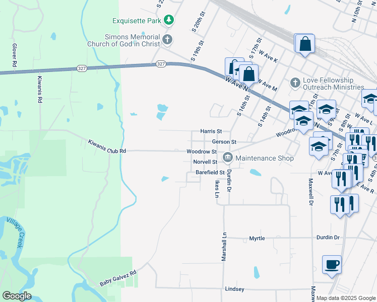 map of restaurants, bars, coffee shops, grocery stores, and more near 1430 Woodrow Street in Silsbee