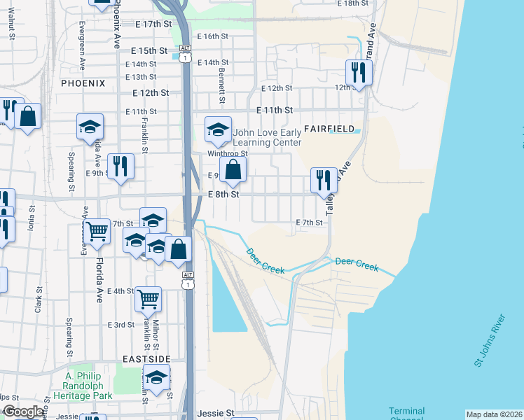 map of restaurants, bars, coffee shops, grocery stores, and more near 1726 Buckman Street in Jacksonville