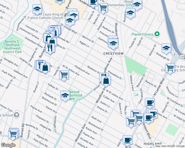 map of restaurants, bars, coffee shops, grocery stores, and more near 1704 Piedmont Avenue in Austin