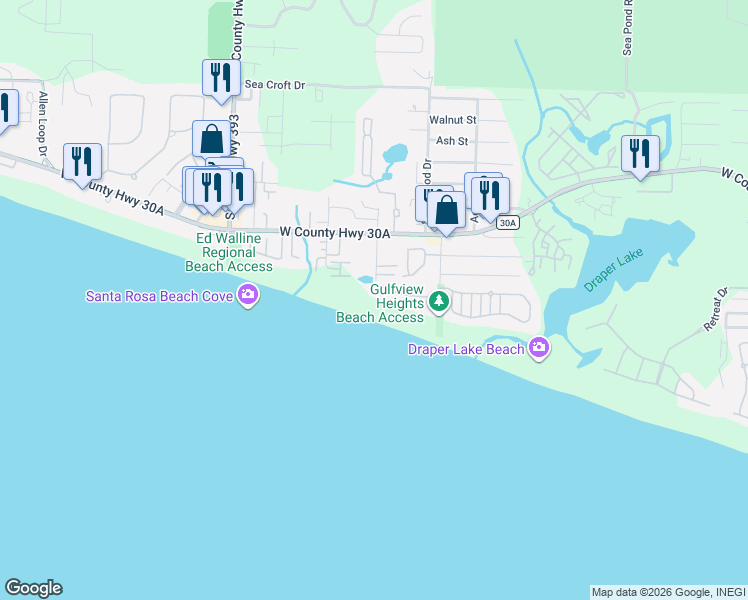 map of restaurants, bars, coffee shops, grocery stores, and more near 151 Gulf Dunes Lane in Santa Rosa Beach