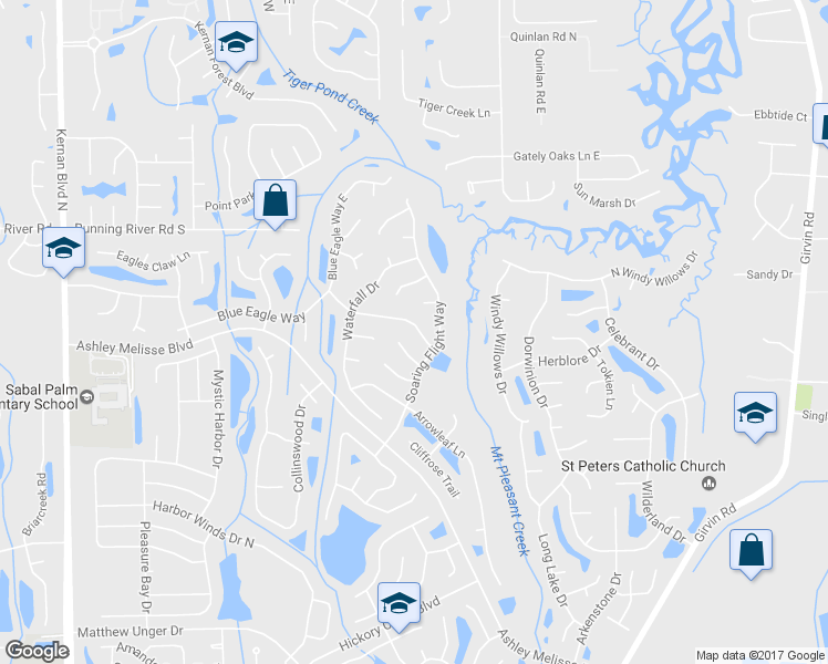 map of restaurants, bars, coffee shops, grocery stores, and more near 12357 Soaring Flight Drive in Jacksonville