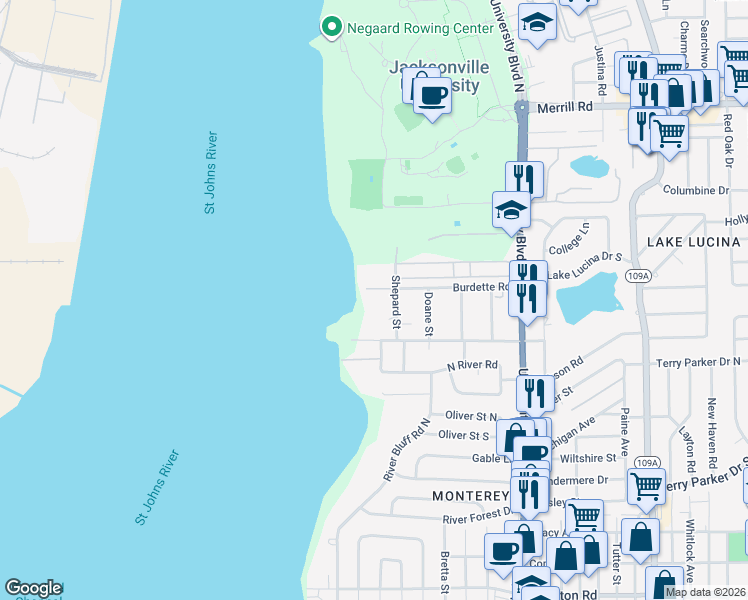 map of restaurants, bars, coffee shops, grocery stores, and more near 2240 Shepard Street in Jacksonville