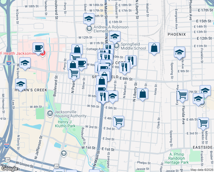 map of restaurants, bars, coffee shops, grocery stores, and more near in Jacksonville