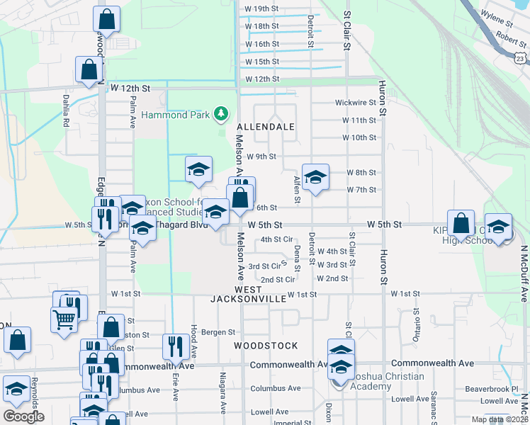 map of restaurants, bars, coffee shops, grocery stores, and more near 3128 West 6th Street in Jacksonville