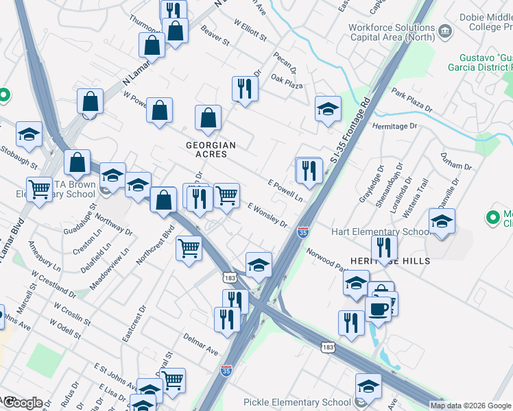 map of restaurants, bars, coffee shops, grocery stores, and more near 312 East Wonsley Drive in Austin