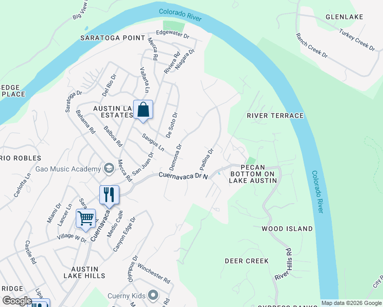 map of restaurants, bars, coffee shops, grocery stores, and more near 2415 Demona Drive in Austin