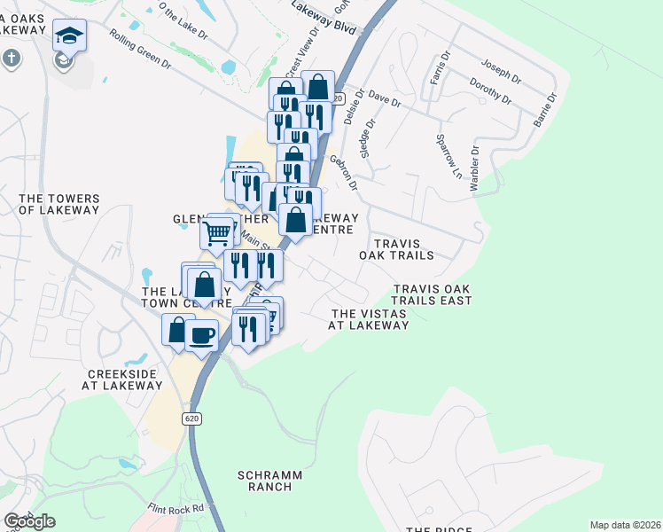 map of restaurants, bars, coffee shops, grocery stores, and more near 3 Lakeway Centre Court in Lakeway