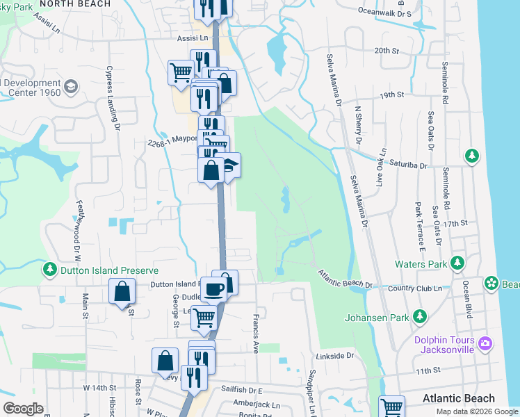 map of restaurants, bars, coffee shops, grocery stores, and more near 1752 Maritime Oak Drive in Atlantic Beach