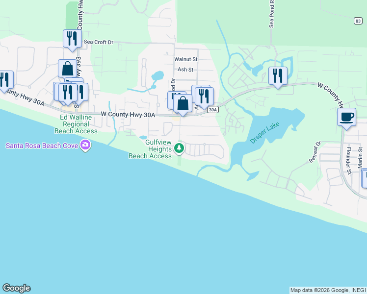 map of restaurants, bars, coffee shops, grocery stores, and more near 73 Old Beach Road in Santa Rosa Beach