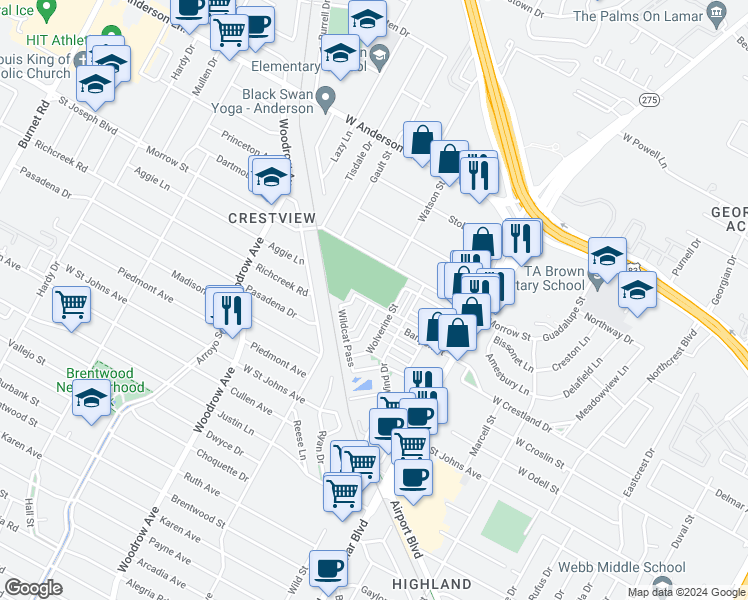 map of restaurants, bars, coffee shops, grocery stores, and more near 7908 Wildcat Pass in Austin