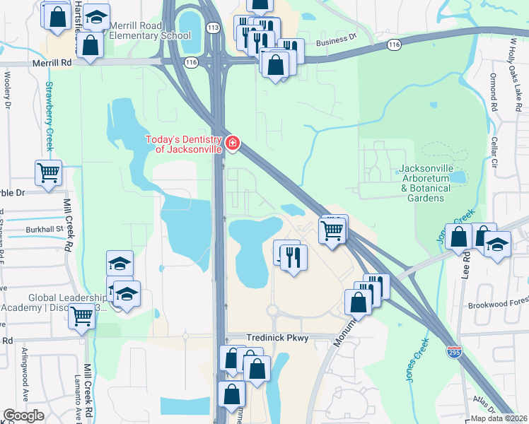 map of restaurants, bars, coffee shops, grocery stores, and more near 1493 Landau Road in Jacksonville