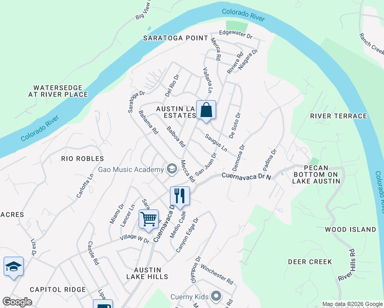 map of restaurants, bars, coffee shops, grocery stores, and more near 9803 Zion Way in Austin