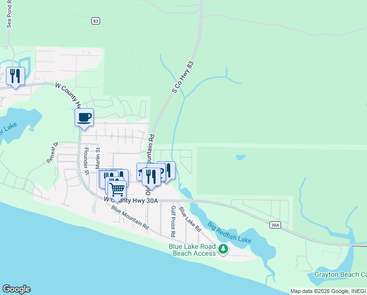 map of restaurants, bars, coffee shops, grocery stores, and more near 199 Matt's Way in Santa Rosa Beach