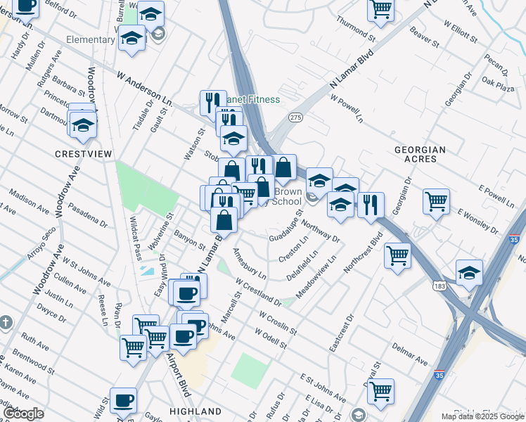 map of restaurants, bars, coffee shops, grocery stores, and more near 7701 North Lamar Boulevard in Austin