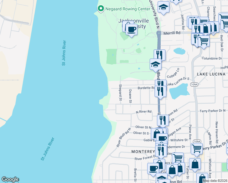 map of restaurants, bars, coffee shops, grocery stores, and more near 2240 Shepard Street in Jacksonville