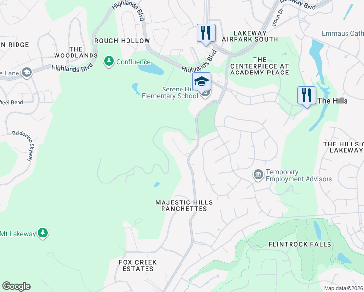 map of restaurants, bars, coffee shops, grocery stores, and more near 3413 Serene Hills Court in Austin