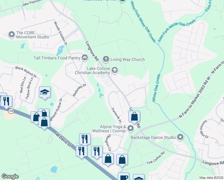 map of restaurants, bars, coffee shops, grocery stores, and more near 2101 Longmire Road in Conroe