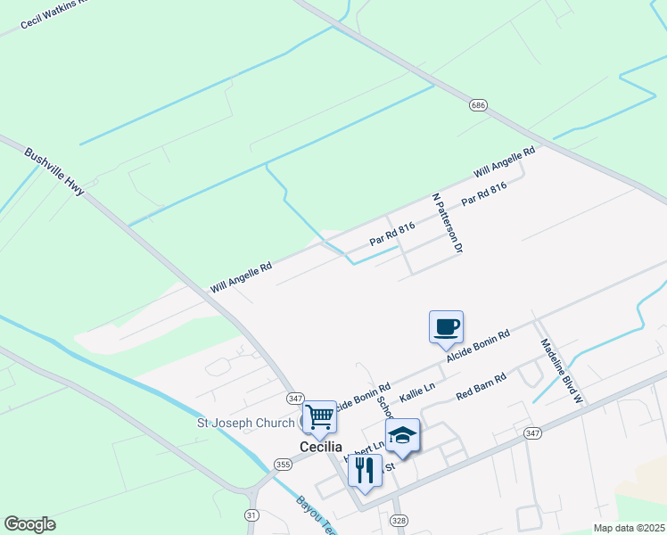 map of restaurants, bars, coffee shops, grocery stores, and more near 1009 West Berard Drive in Arnaudville