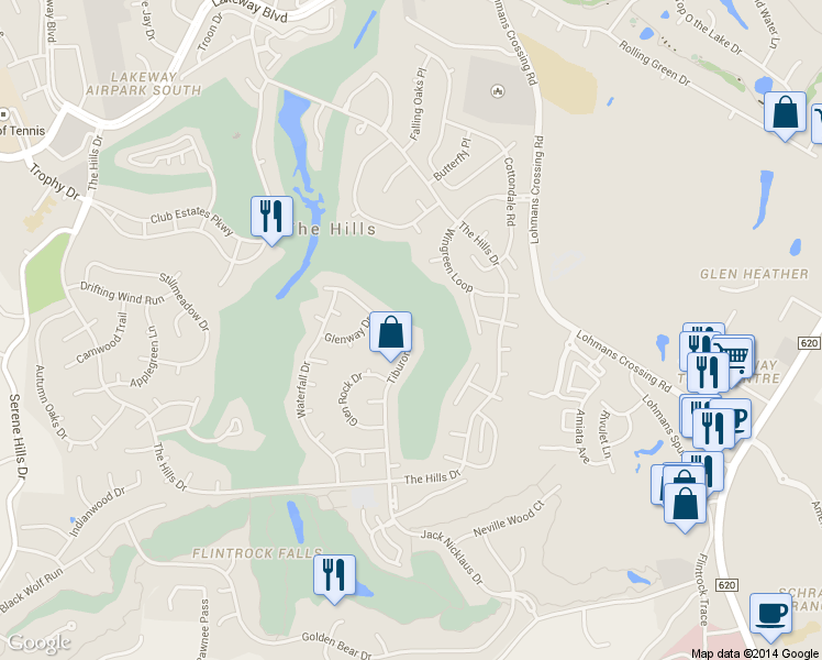 map of restaurants, bars, coffee shops, grocery stores, and more near 46 Tiburon Drive in The Hills