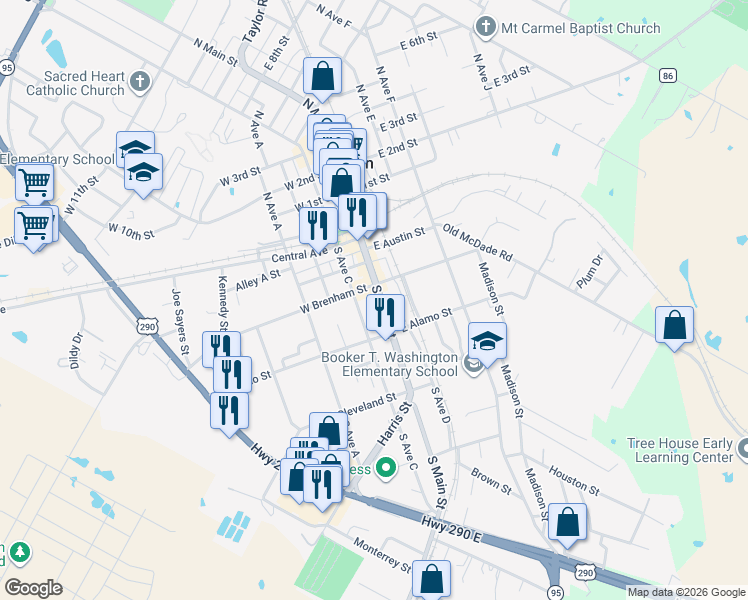 map of restaurants, bars, coffee shops, grocery stores, and more near 300 South Main Street in Elgin
