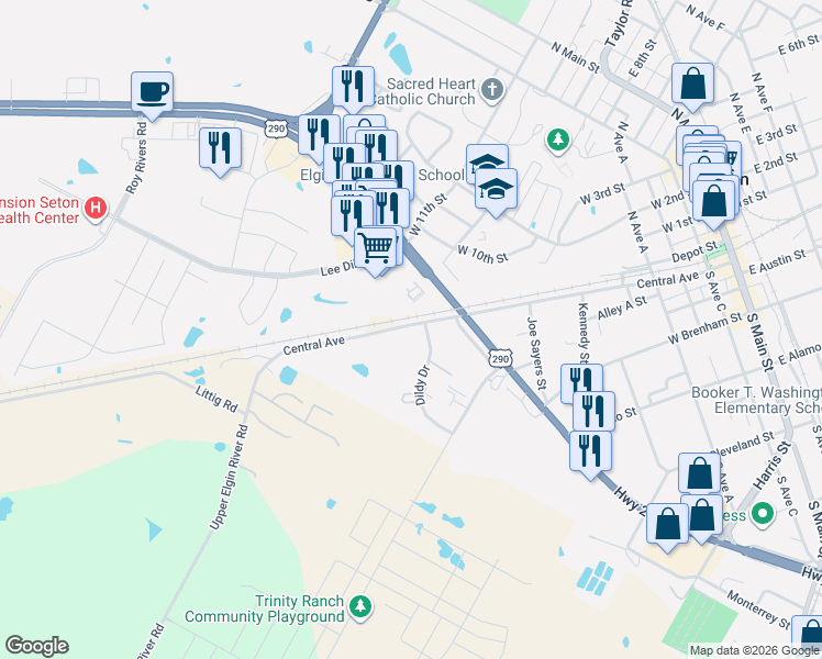 map of restaurants, bars, coffee shops, grocery stores, and more near 813 Central Avenue in Elgin