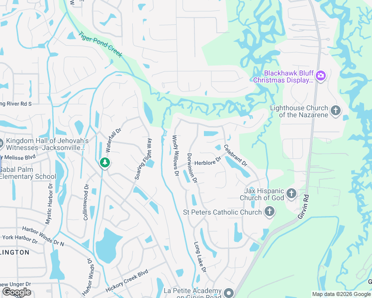 map of restaurants, bars, coffee shops, grocery stores, and more near 1257 Windy Willows Drive in Jacksonville