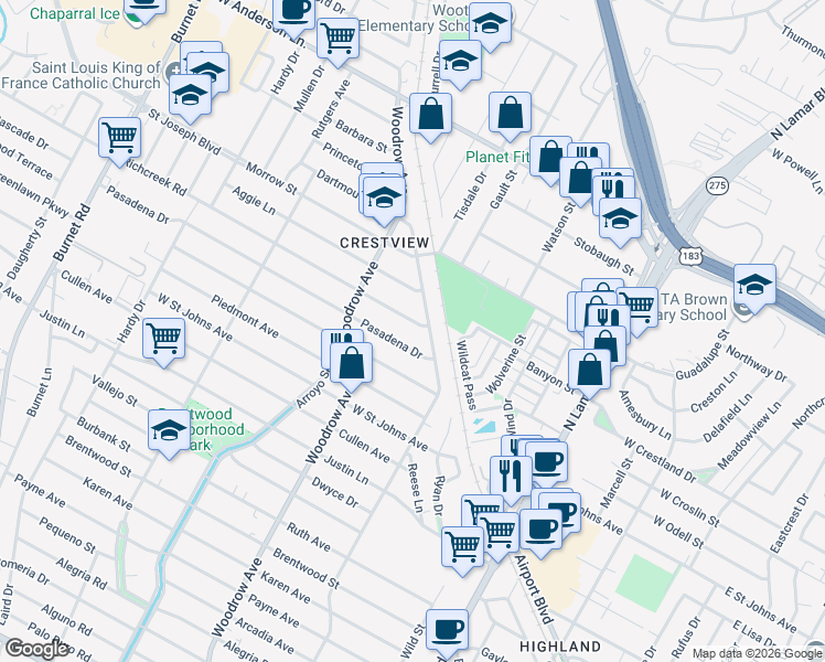 map of restaurants, bars, coffee shops, grocery stores, and more near 7503 Grover Avenue in Austin