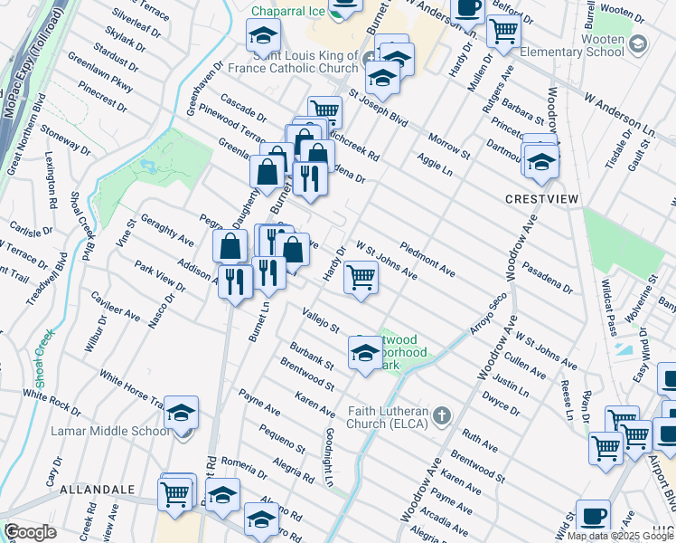 map of restaurants, bars, coffee shops, grocery stores, and more near 6911 Hardy Drive in Austin