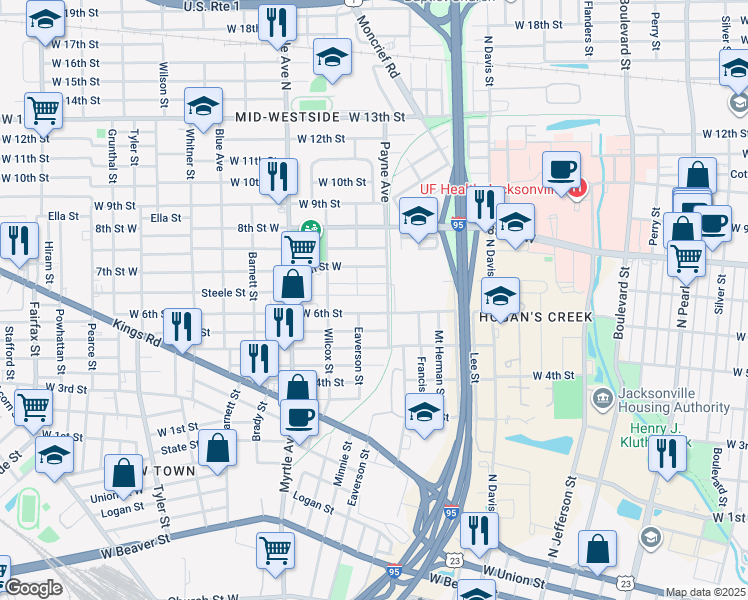 map of restaurants, bars, coffee shops, grocery stores, and more near 1112 Steele Court in Jacksonville
